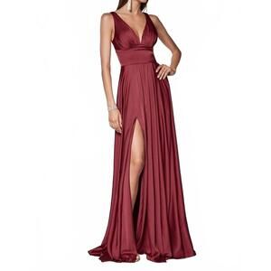 NEW LADIVINE long satin a-line dress with slit in burgundy
